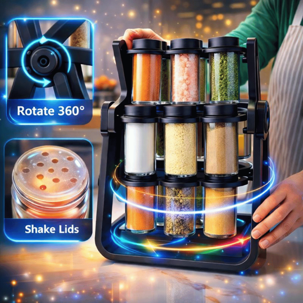 18 Empty Jar Spice Rack Revolving Kitchen Organizer - رف توابل دوّار مع 18 برطمان فارغ – منظم مطبخ متحرك